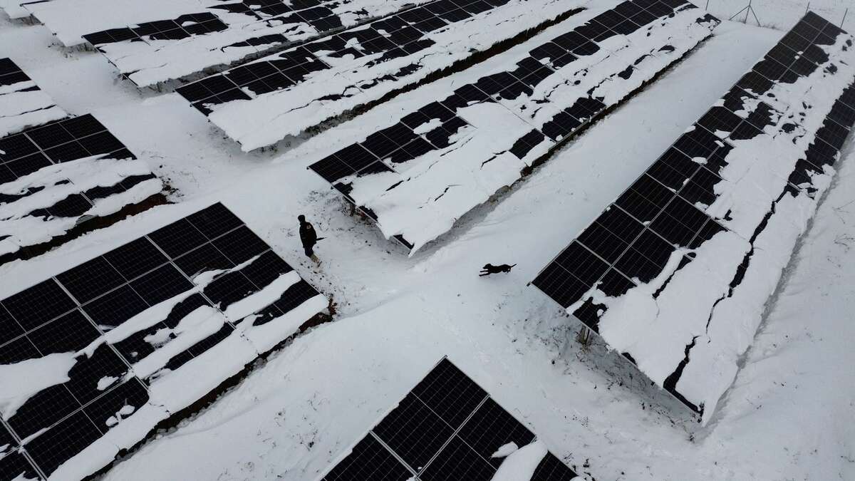 Một công nhân, theo sau là chú chó của mình, đi dạo tại công viên năng lượng mặt trời phủ đầy tuyết ở Gracke e Vjeter, Kosovo, ngày 26/11. (Ảnh: Reuters)