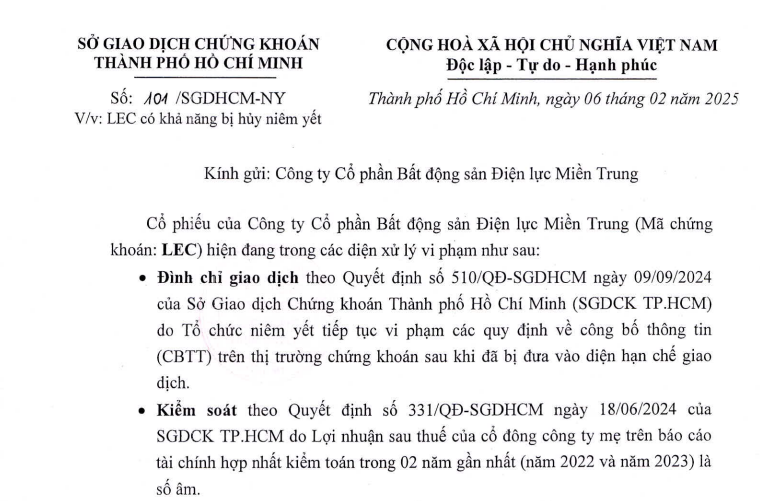 Bất động sản Điện lực Miền Trung đứng trước nguy cơ bị hủy niêm yết trên HOSE