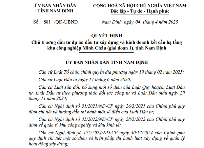 KCN Minh Châu: Dự án chuyển đổi gần 90ha đất trồng lúa tại Nam Định