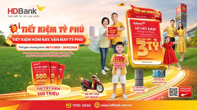 "Tiết kiệm Tỷ phú” HDBank với giải thưởng đặc biệt lên đến 3 tỷ đồng- Ảnh 1. "Tiết kiệm Tỷ phú” HDBank với giải thưởng đặc biệt lên đến 3 tỷ đồng- Ảnh 1.