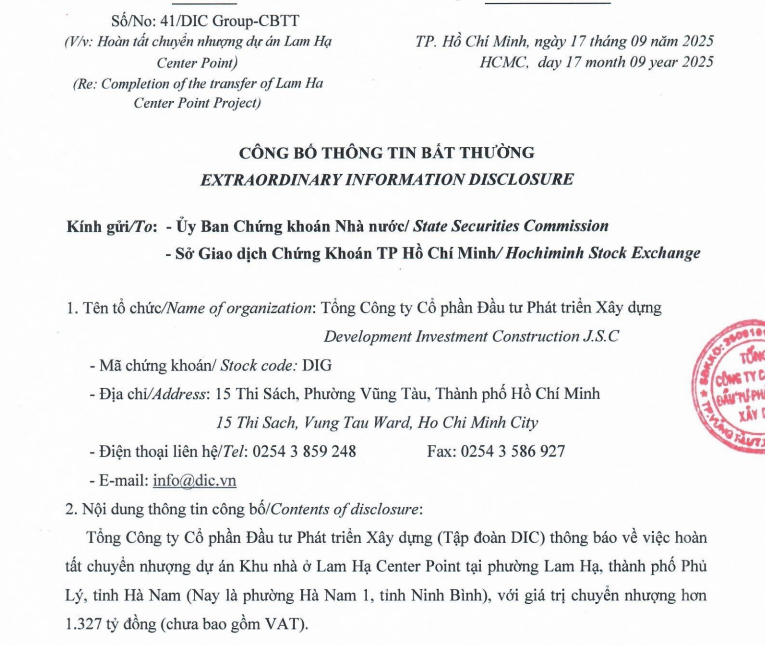 DIC Corp chuyển nhượng Dự án Khu nhà ở Lam Hạ Center Point với giá trị hơn 1.327 tỷ đồng (chưa bao gồm VAT) (Nguồn: DIC Corp)