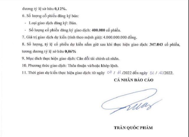 Một phần văn bản của ông Trần Quốc Phẩm, Phó tổng giám đốc Tập đoàn Hoa Sen khi đăng ký bán ra cổ phiếu HSG mình đang nắm giữ.