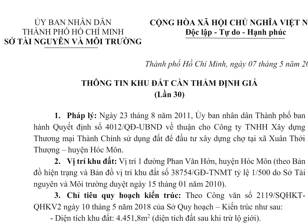 Thành phố Hồ Chí Minh: Thông báo 29 lần vẫn chưa tìm được đơn vị định giá khu đất ở huyện Hóc Môn