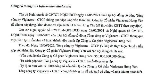Tổng công ty Viglacera - CTCP công bố thông tin chuyển tiền góp vốn thành lập Công ty Viglacera Hưng Yên