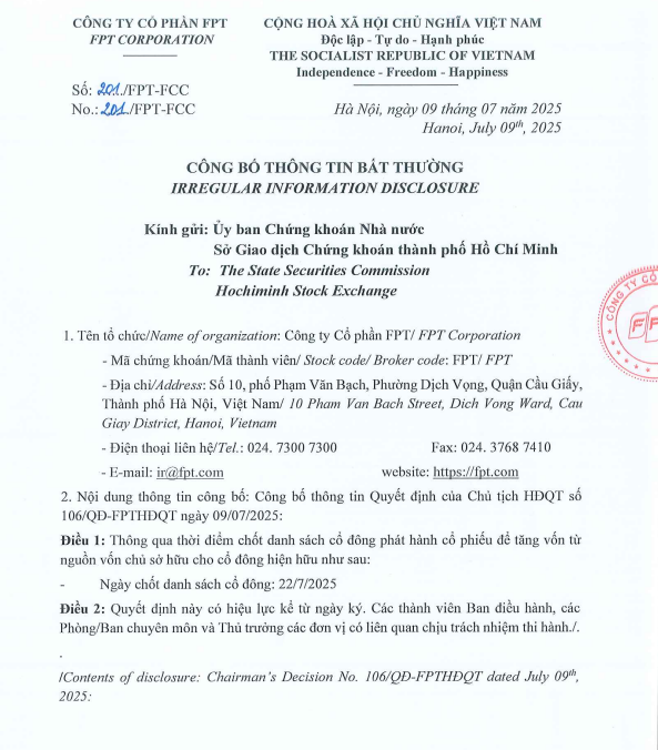 Văn bản số 201/FPT về việc thông báo phát hành cổ phiếu để tăng vốn từ nguồn vốn chủ sở hữu. (Nguồn: HOSE)