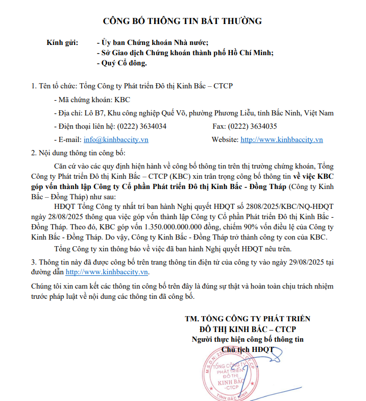 Tổng Công ty Phát triển Đô thị Kinh Bắc – CTCP (HoSE: KBC) vừa công bố góp vốn thành lập Công ty Cổ phần Phát triển Đô thị Kinh Bắc (Nguồn: KBC)