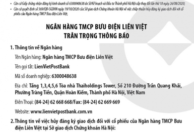 Sở GDCK Hà Nội quyết định chấp thuận hủy đăng ký giao dịch đối với cổ phiếu LPB