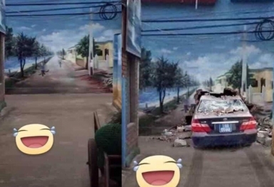 Dở khóc dở cười vì đang đi bỗng đâm vào tường sơn 3D, tài xế tỉnh táo đến mấy cũng chào thua