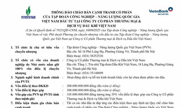 Thông báo chào bán cạnh tranh cổ phần tại Công ty Cổ phần Thương mại & Dịch vụ Dầu khí Việt Nam