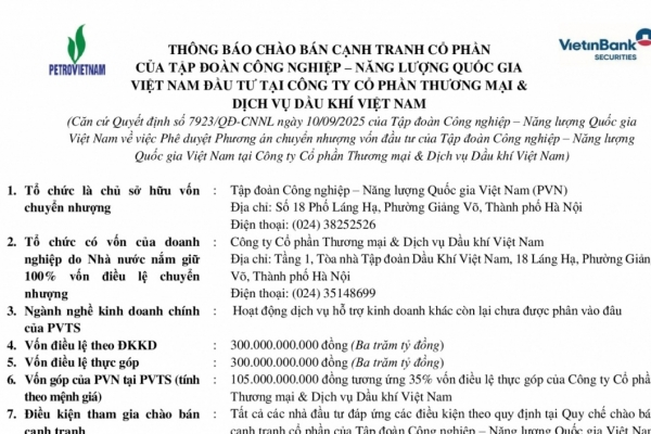 Thông báo chào bán cạnh tranh cổ phần tại Công ty Cổ phần Thương mại & Dịch vụ Dầu khí Việt Nam